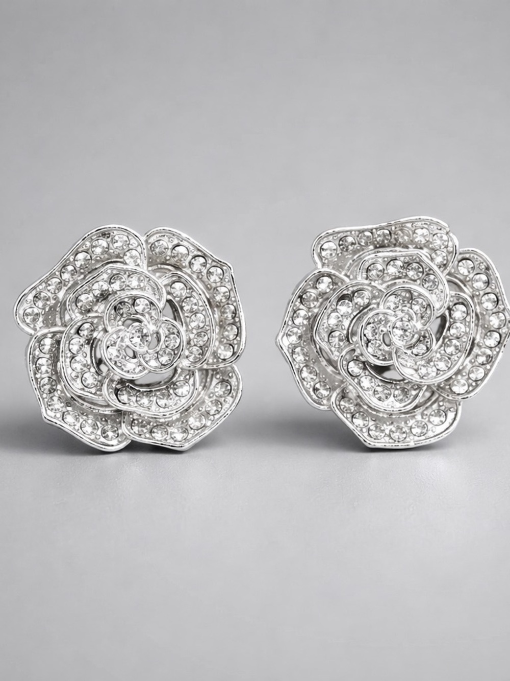 Silver Rhinestone Flower Stud Earrings Sterling plated